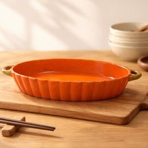 Artisan Collection 10SS Baking Dish Oval Scalloped Orange Speckled Ceramic 12in